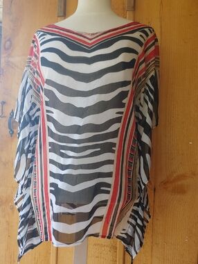 Chico's Sheer Zebra-Style Tunic in Black, White, Coral.